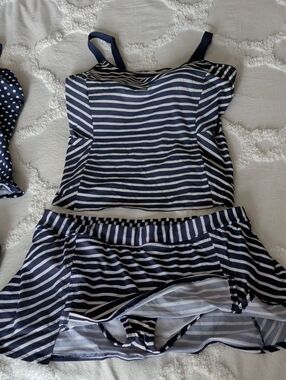 Lands' End Navy and White Striped Tankini with Skirted Bottom